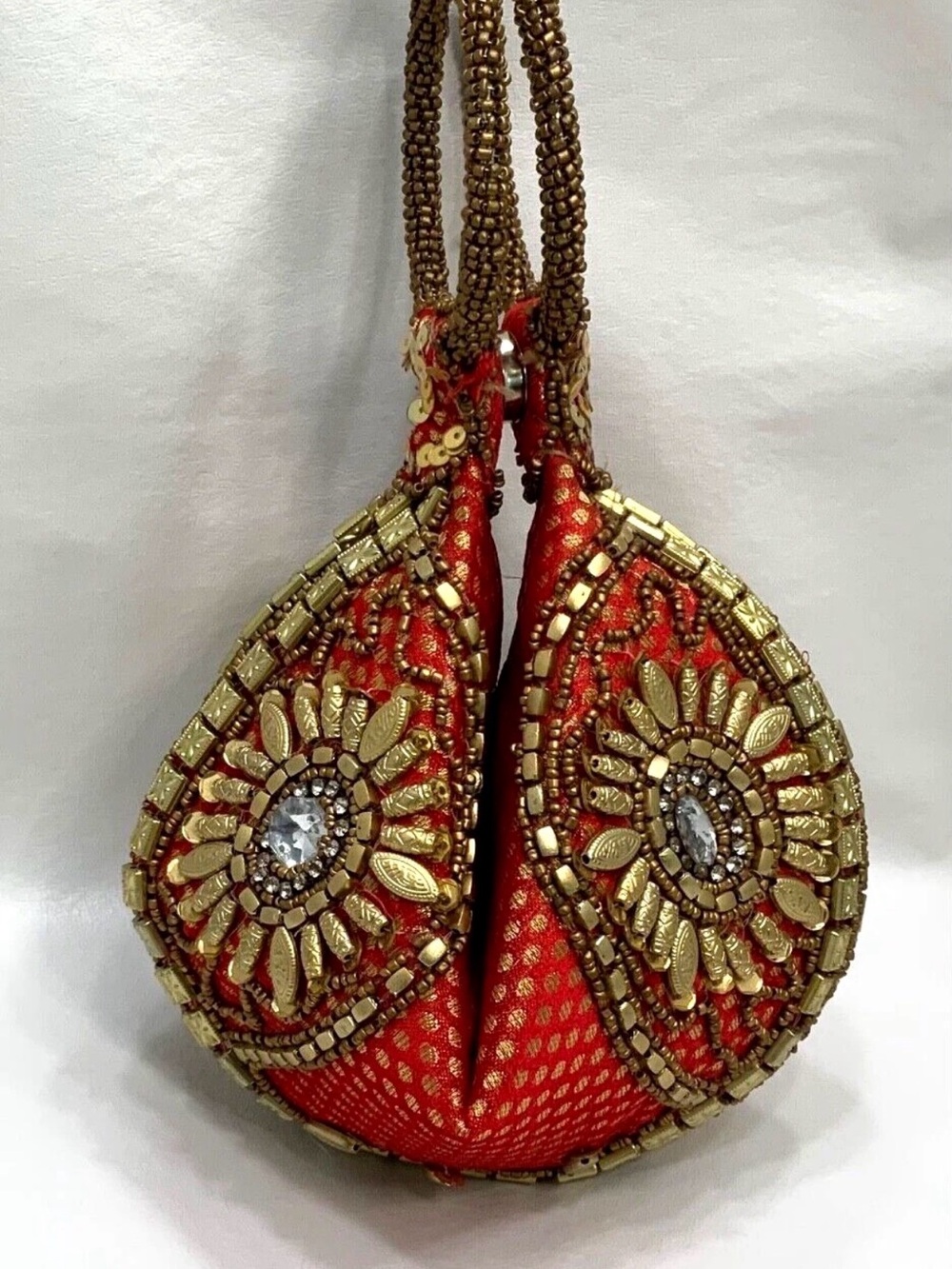 Fortune Cookie Style Beaded Wristlet – Red & Gold Indian Brocade